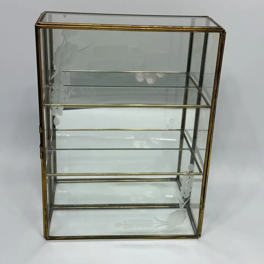 Brass Glass Mirror Curio Cabinet Shelf Wall Mount Table Top 10